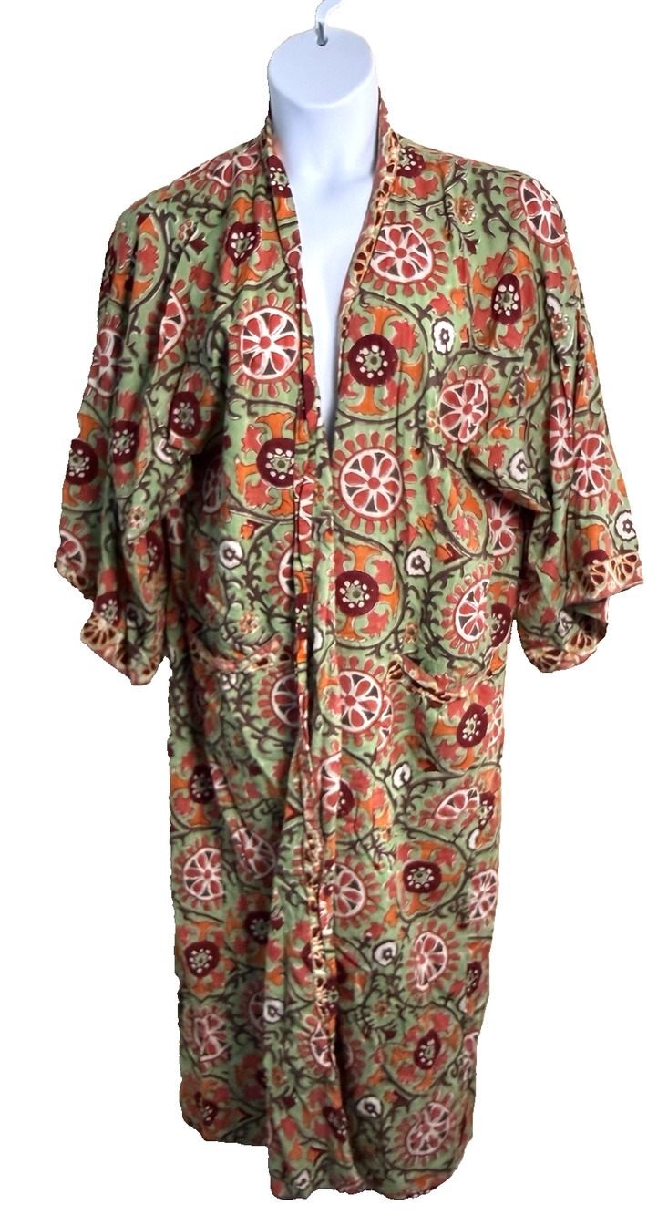 Vtg Anohki Hand Block Print Cotton Kimono Roabe Green Orango Floral OS Boho